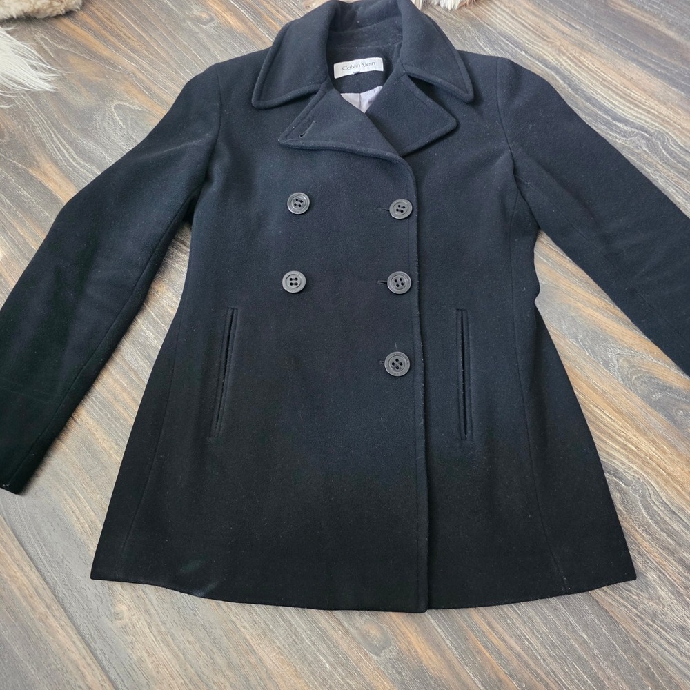 Calvin Klein Womens Black Wool Cashmere Blend Double Breasted Pea Coat Size 2